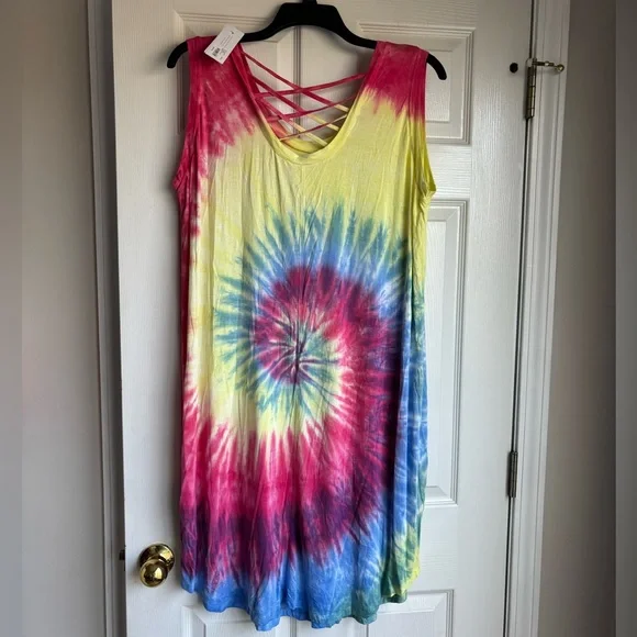 Livi Active Tie-Dye Sleeveless Crisscross Back Mini Dress - Pink, Yellow, Blue - Picture 3 of 5